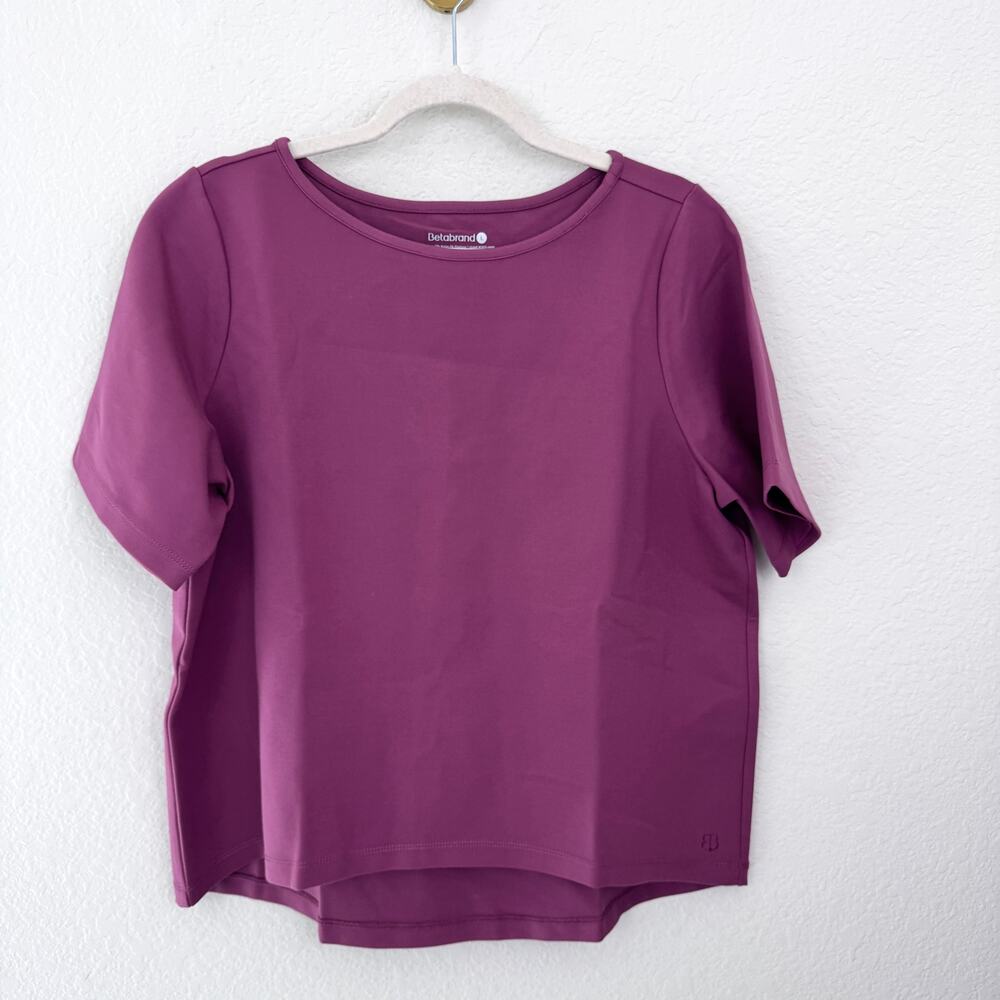 Betabrand Women Boxy Short Sleeve High Low Tee Shirt Size L Stretch Casual Pink